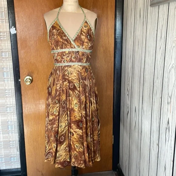 Phoebe Couture Dresses | Peacock Print Halter Vintage Dress Fit & Flare Size 2 | Color: Gold | Size: 2 | Mariacalabro58's Closet